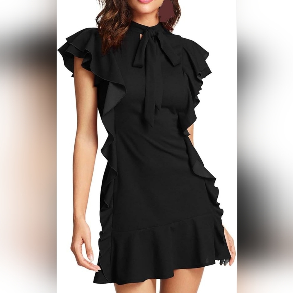Tie Neck Short Sleeve Ruffle Hem Cocktail Party Dress. New without tags.